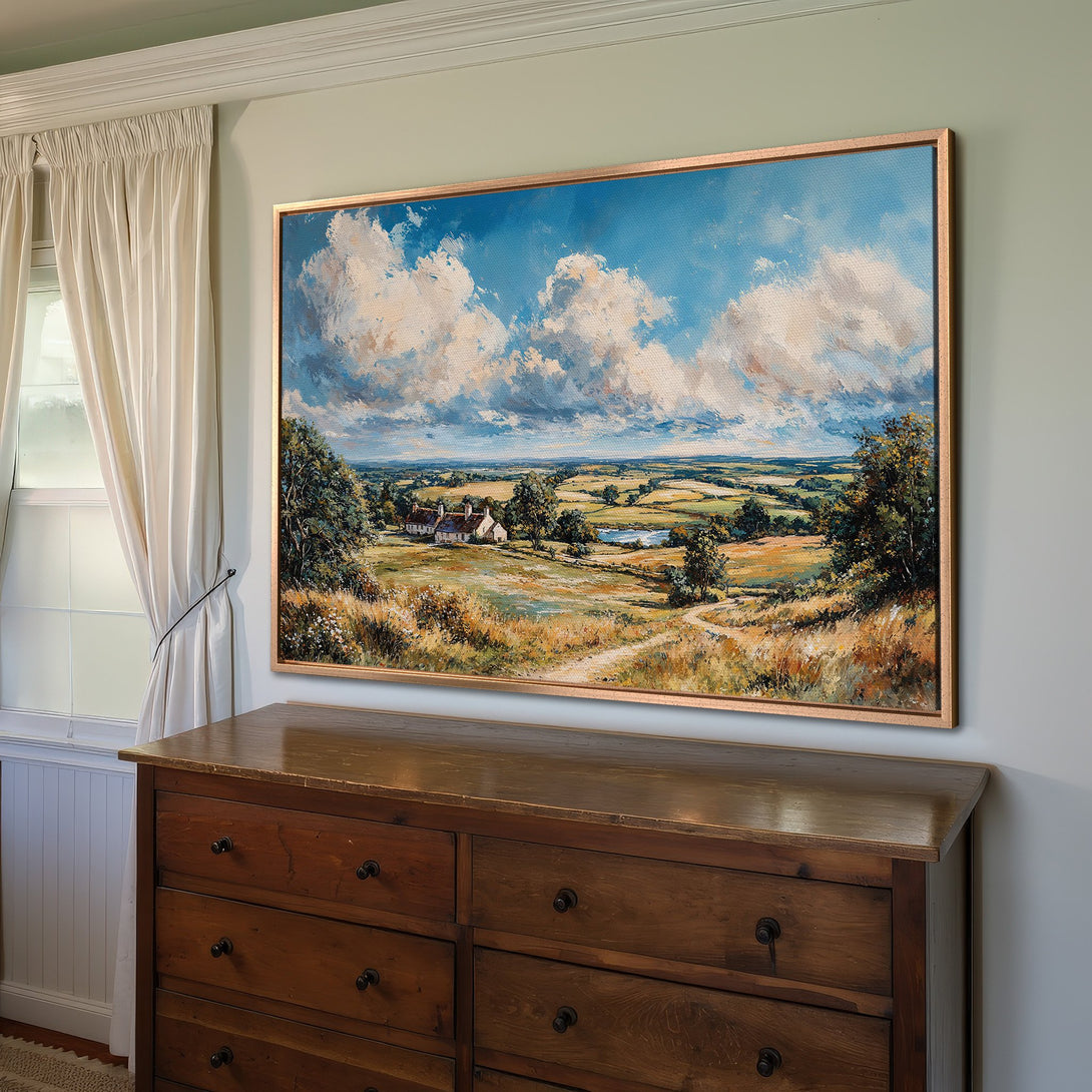 Framed Wall Art: Landscape painting with a blue sky and golden fields. Classic style with warm, earthy tones. Perfect for home decor.