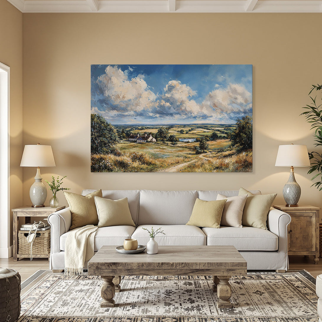 Framed Wall Art: Landscape Canvas Print. Classic painting style with blue sky, green fields, and warm earth tones. Perfect home decor.