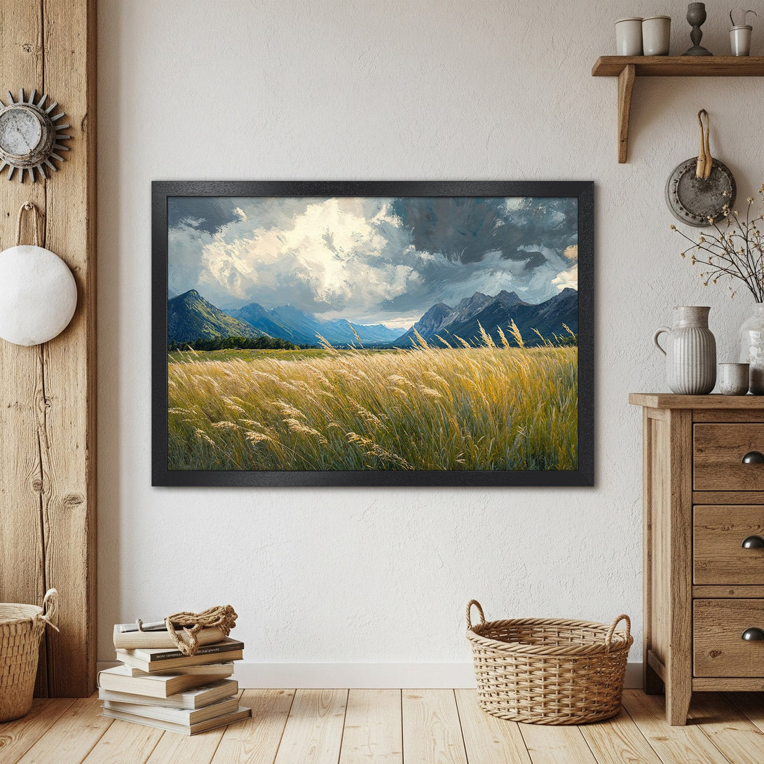 Framed Poster of a landscape painting with mountains and golden fields. Rustic style, neutral color palette. Perfect wall art for your home.
