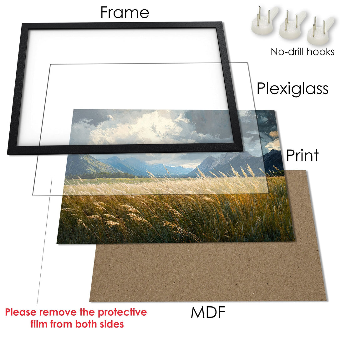 Framed Poster of a serene landscape with mountains and golden fields. Artistic style, warm color palette. Perfect wall art!