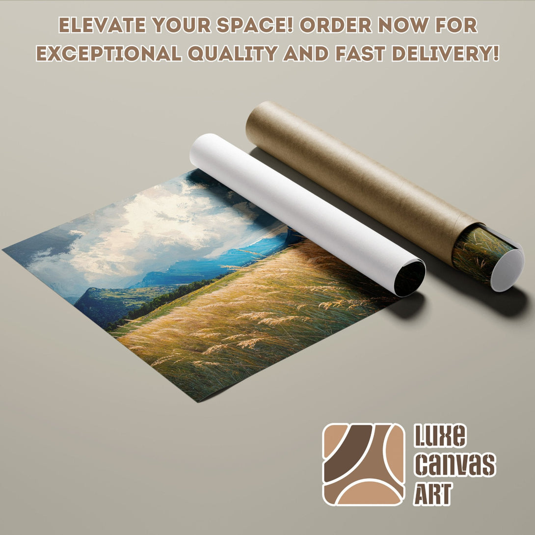Landscape Poster Roll with mountain scene, warm color palette, perfect for home decor.