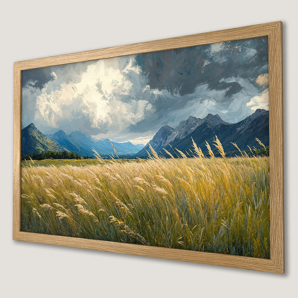 Framed Poster of a mountain landscape in impressionist style, featuring golden fields and a blue and gray color palette. Perfect wall art!