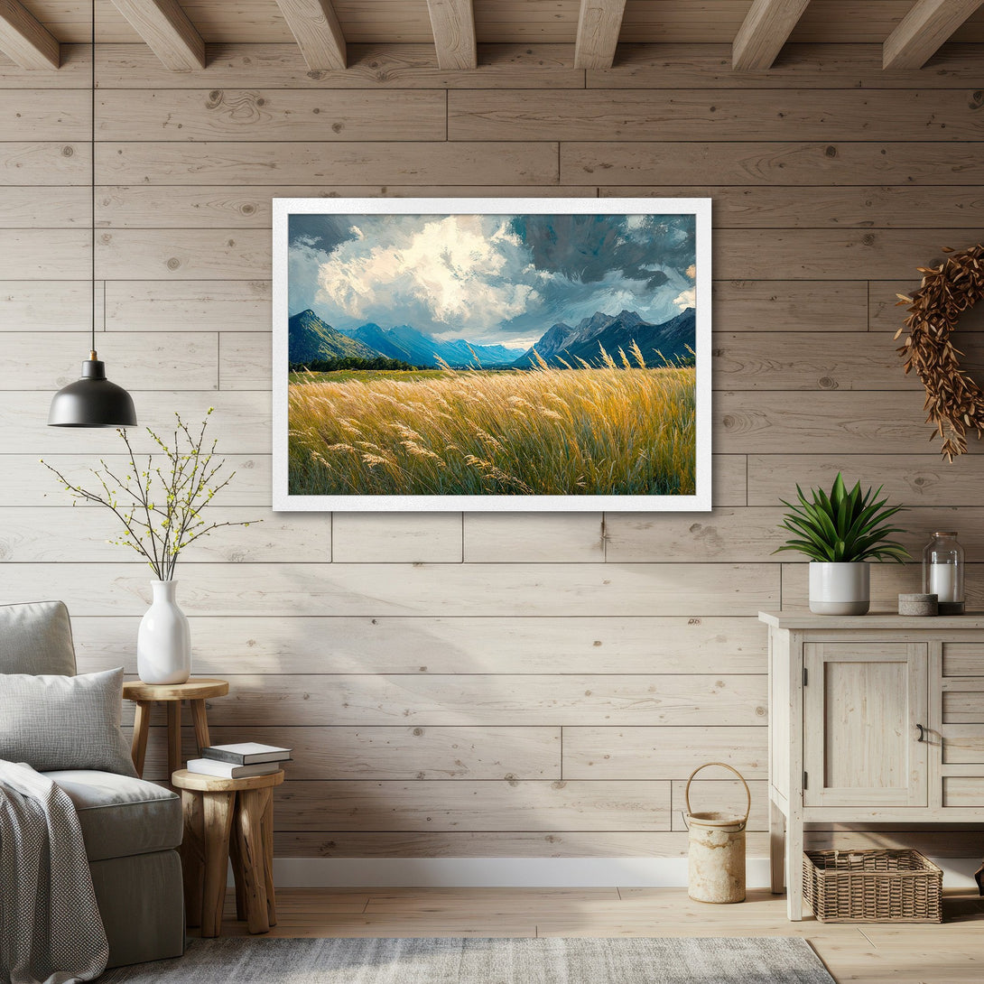 Framed Poster of a serene landscape with mountains and golden fields. Impressionistic style, featuring blue, green, and gold hues. Perfect wall art!