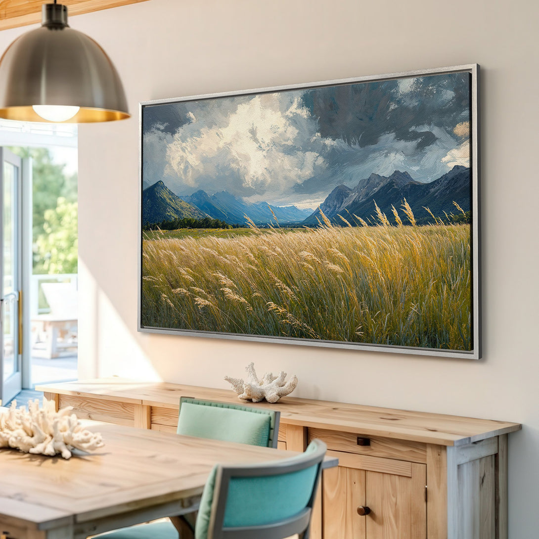 Framed Wall Art: Landscape Canvas Print with mountains and field in neutral tones. Perfect for adding a touch of nature to your home decor.
