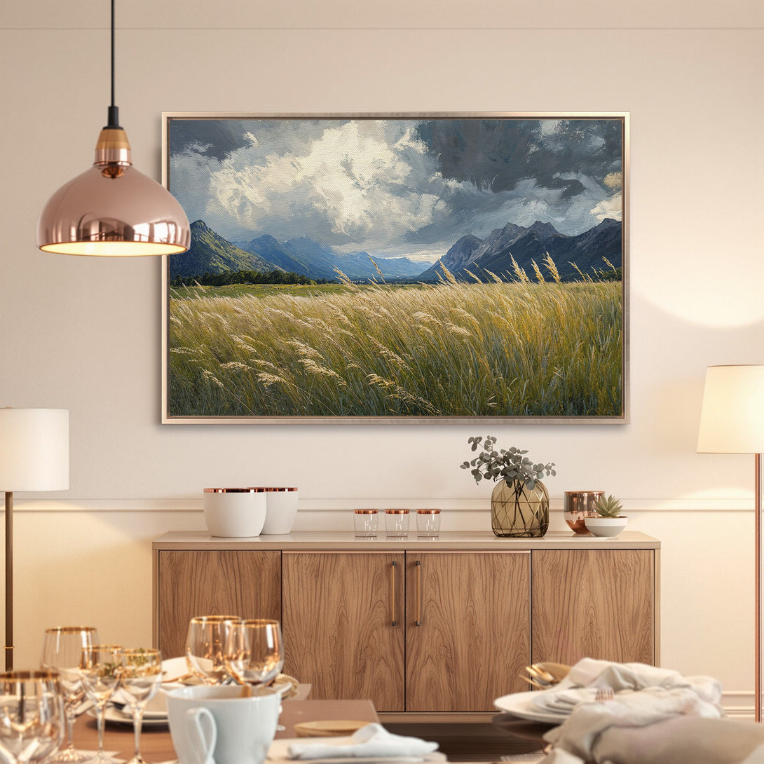 Framed Wall Art: Landscape Canvas Print with mountains and field in neutral tones. Perfect for adding a touch of nature to your home decor.
