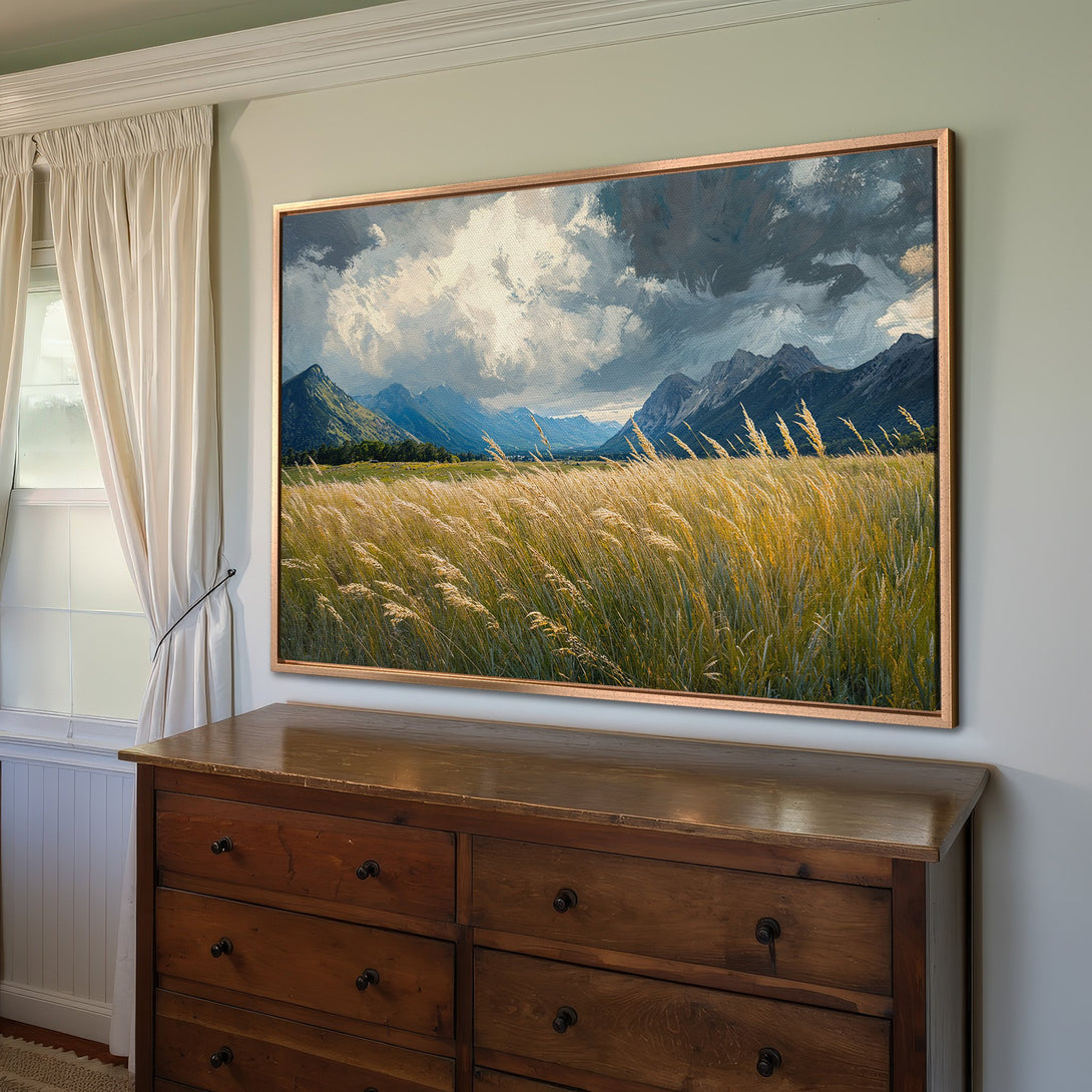 Framed Wall Art: Landscape Canvas Print of a mountain scene with golden grasses, featuring a neutral color palette. Perfect for adding a touch of nature to your home.