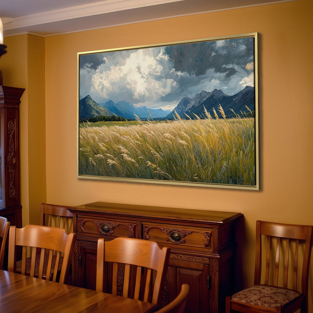 Canvas Print of a serene landscape painting with mountains and tall grass. Earthy tones and a dramatic sky create a calming, rustic style.
