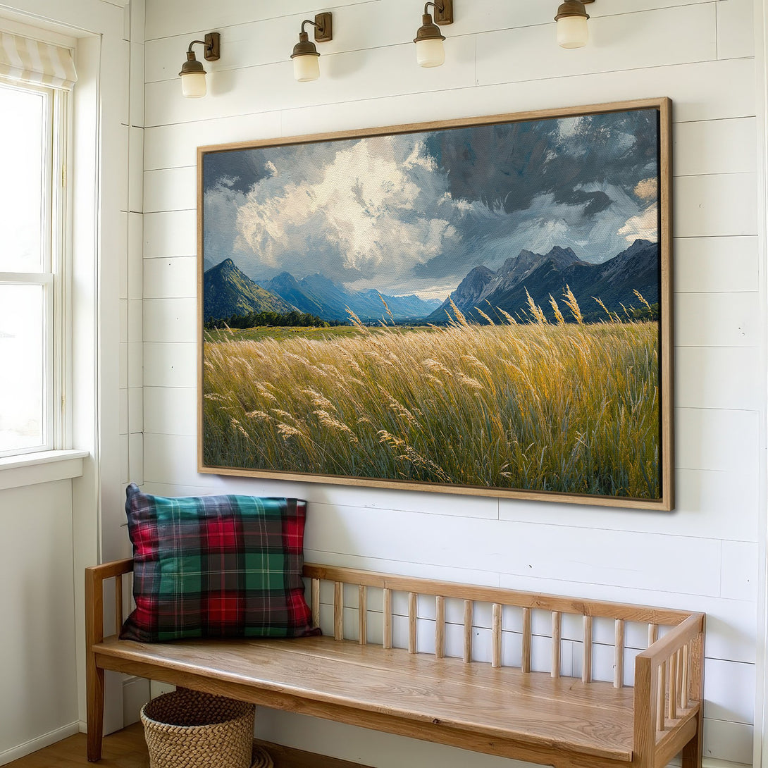 Framed Wall Art: Landscape Canvas Print with mountains and golden fields. Earthy tones with blue, green, and yellow accents. Perfect for rustic home decor.