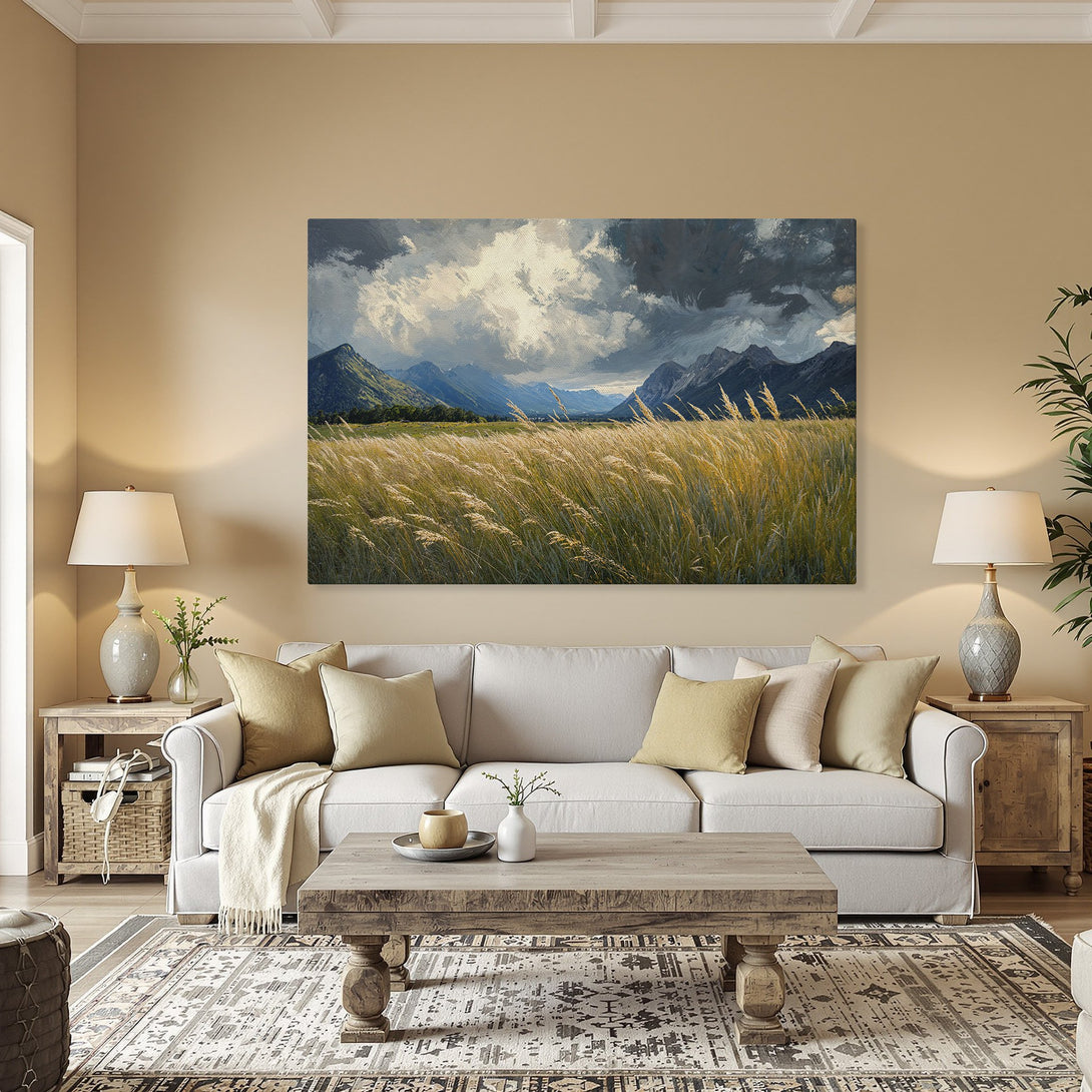 Framed Wall Art: Scenic landscape Canvas Print with mountains, field of grass, and moody sky. Earthy tones bring nature's beauty to your home decor.