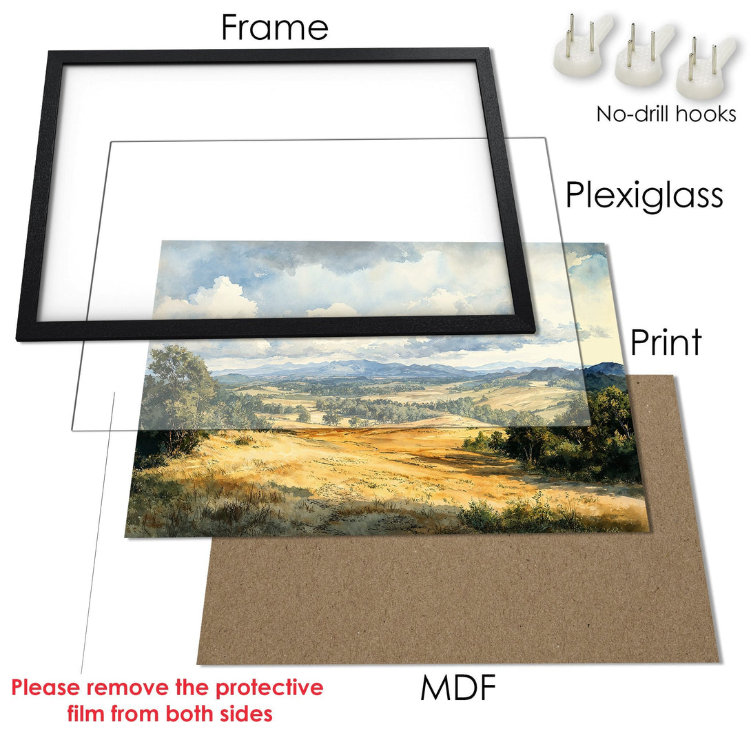 Framed Poster featuring a landscape painting in a watercolor style with a warm color palette. Perfect wall art for your home!
