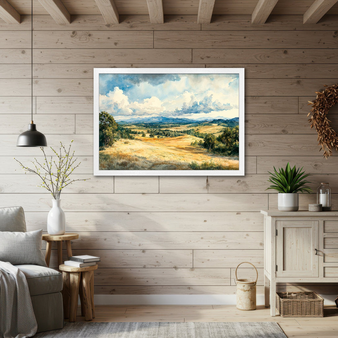 Framed Poster featuring a watercolor landscape painting with a warm, earthy color palette. Perfect art for home decor.