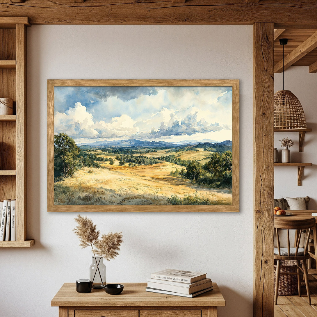 Framed Poster of a watercolor landscape painting. Features a serene countryside scene in a warm, earthy color palette. Perfect wall art!