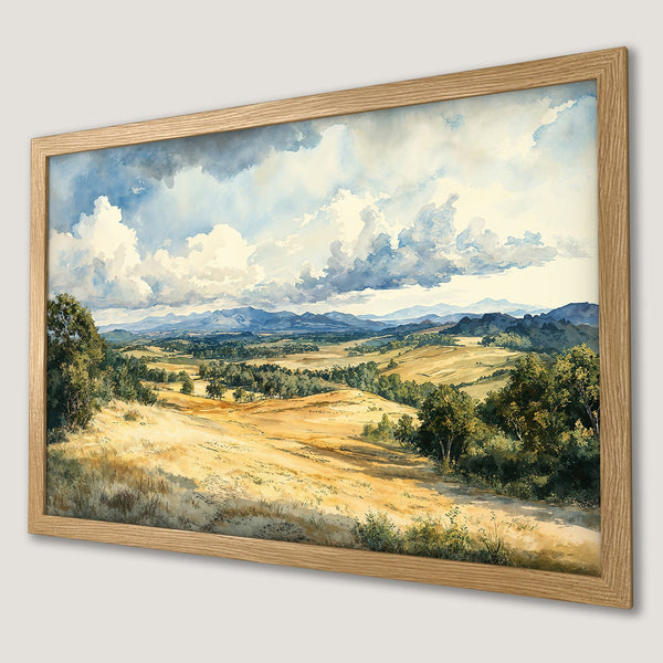 Framed Poster of a watercolor landscape with a warm color palette. Features a picturesque valley and sky. Perfect wall art!