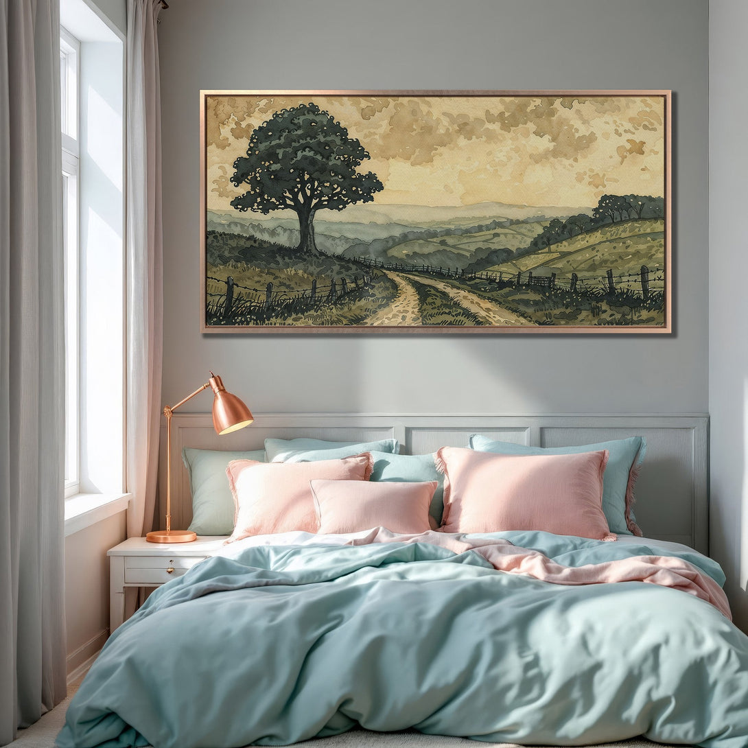Framed Wall Art: Watercolor landscape Canvas Print in a bedroom. Earthy tones and soft greens create a calming, nature-inspired aesthetic. Perfect bedroom decor.