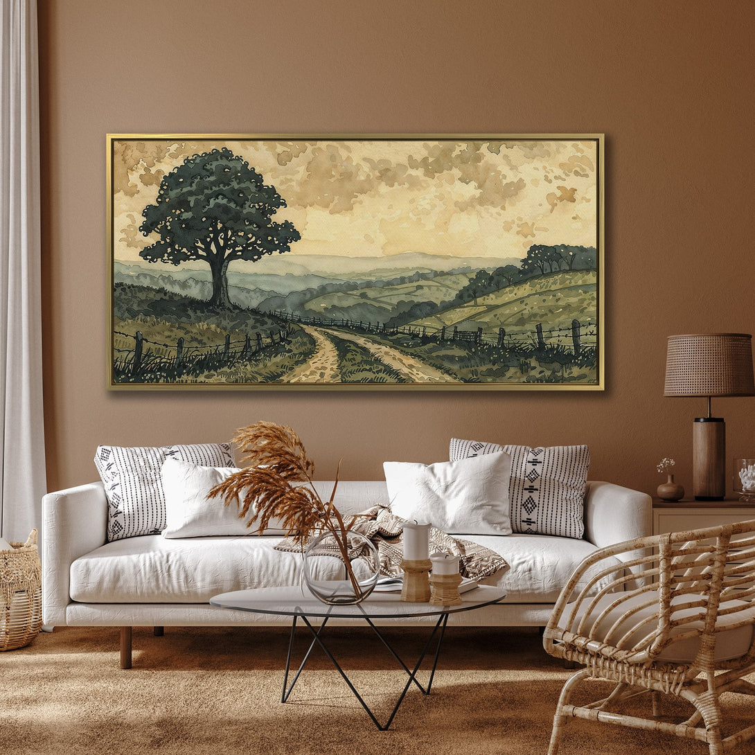 Canvas Print of a watercolor landscape with a tree and path. Earthy tones of green, brown, and beige. Perfect for home decor.