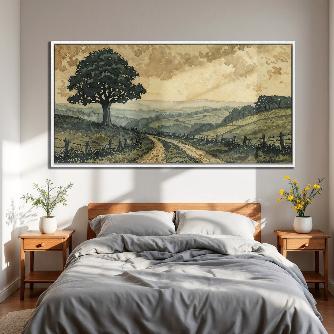 Framed Wall Art: Watercolor landscape Canvas Print with a tree and path, featuring a muted earthy color palette. Perfect for bedroom decor!