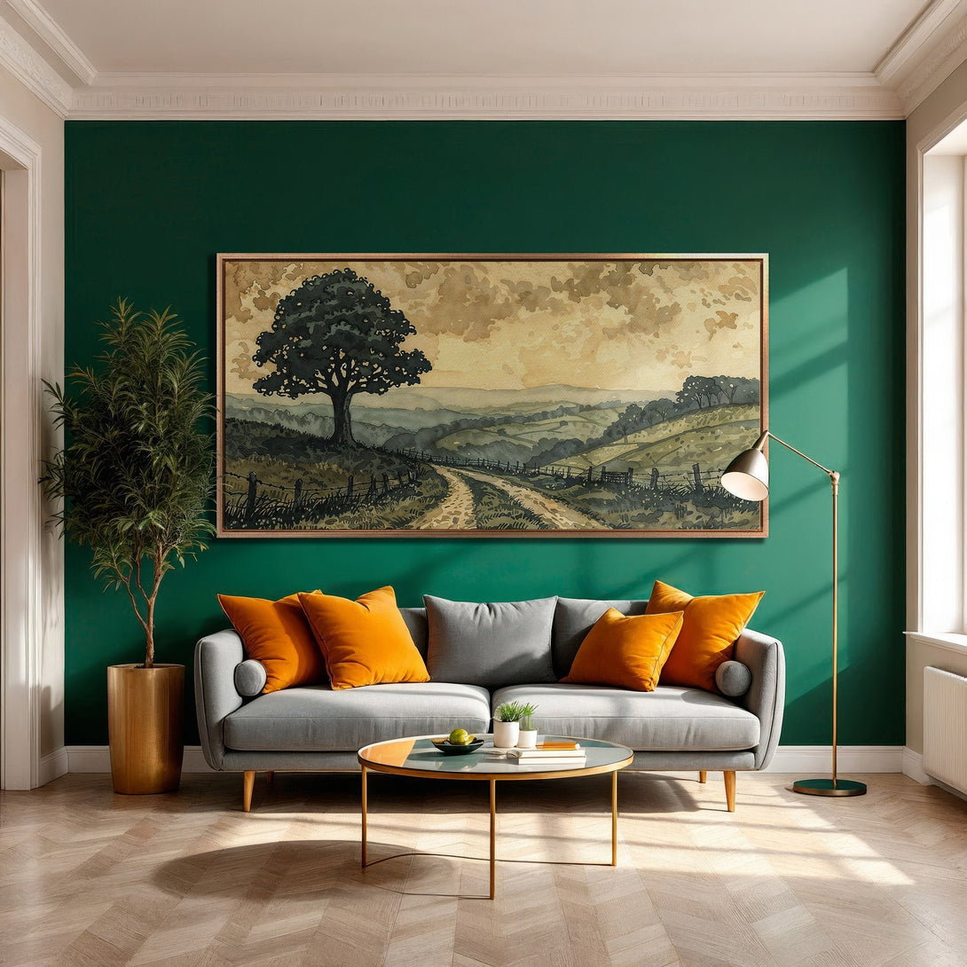 Framed Wall Art landscape print in a cozy living room. Earthy tones with a pop of orange. Perfect for adding warmth and style to any space.