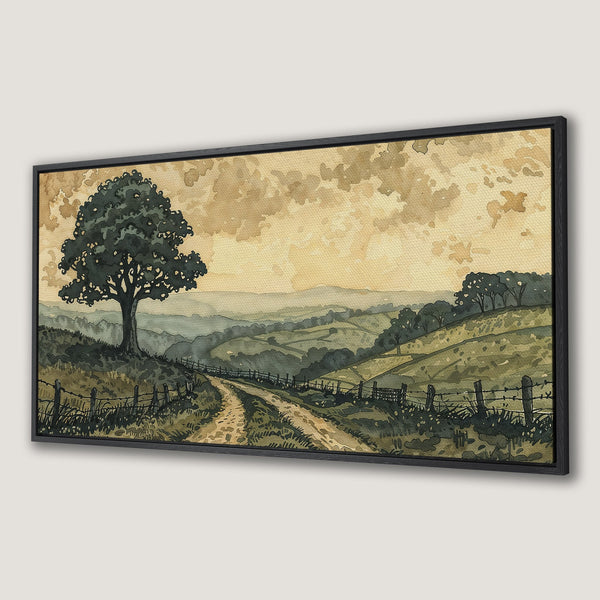 Framed Wall Art: Watercolor landscape Canvas Print with a tree, road, and rolling hills in muted green and beige tones, perfect for home decor.