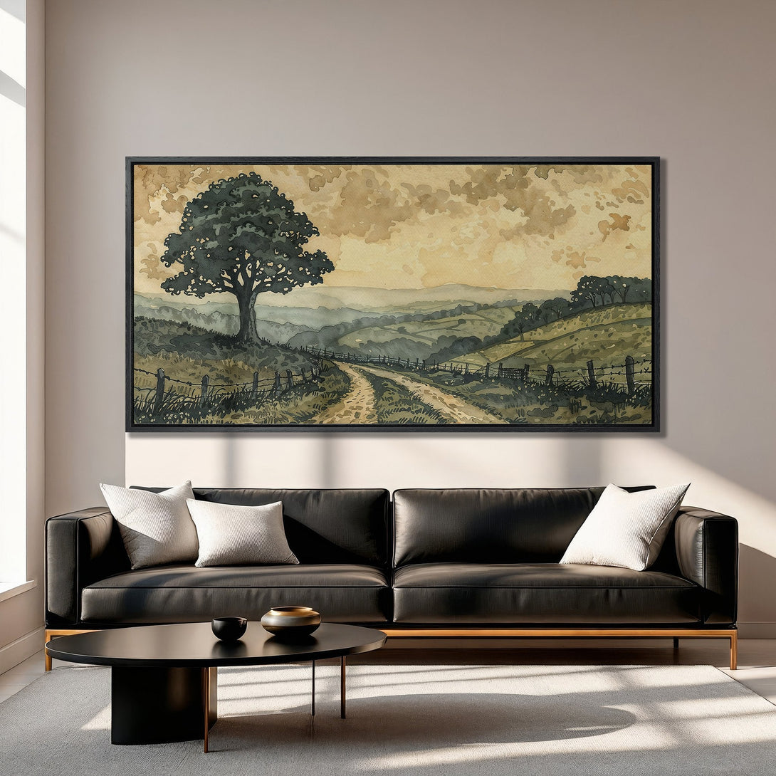 Framed Wall Art: Watercolor landscape Canvas Print in neutral earth tones. Perfect for adding a touch of nature to your home decor.