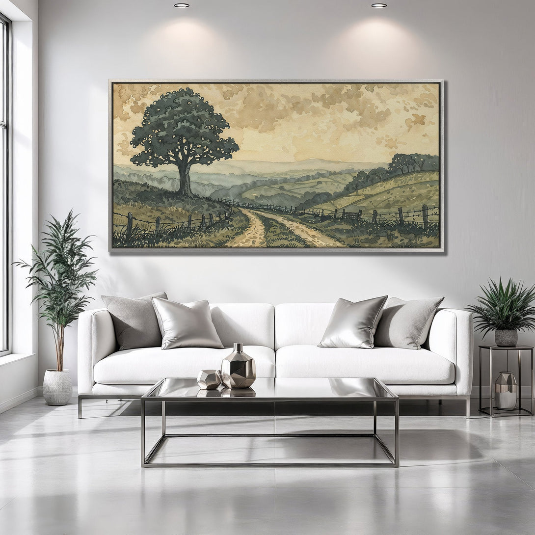 Framed Wall Art of a serene landscape with a tree and path, in watercolor style with earthy tones. Add a touch of nature to your home!