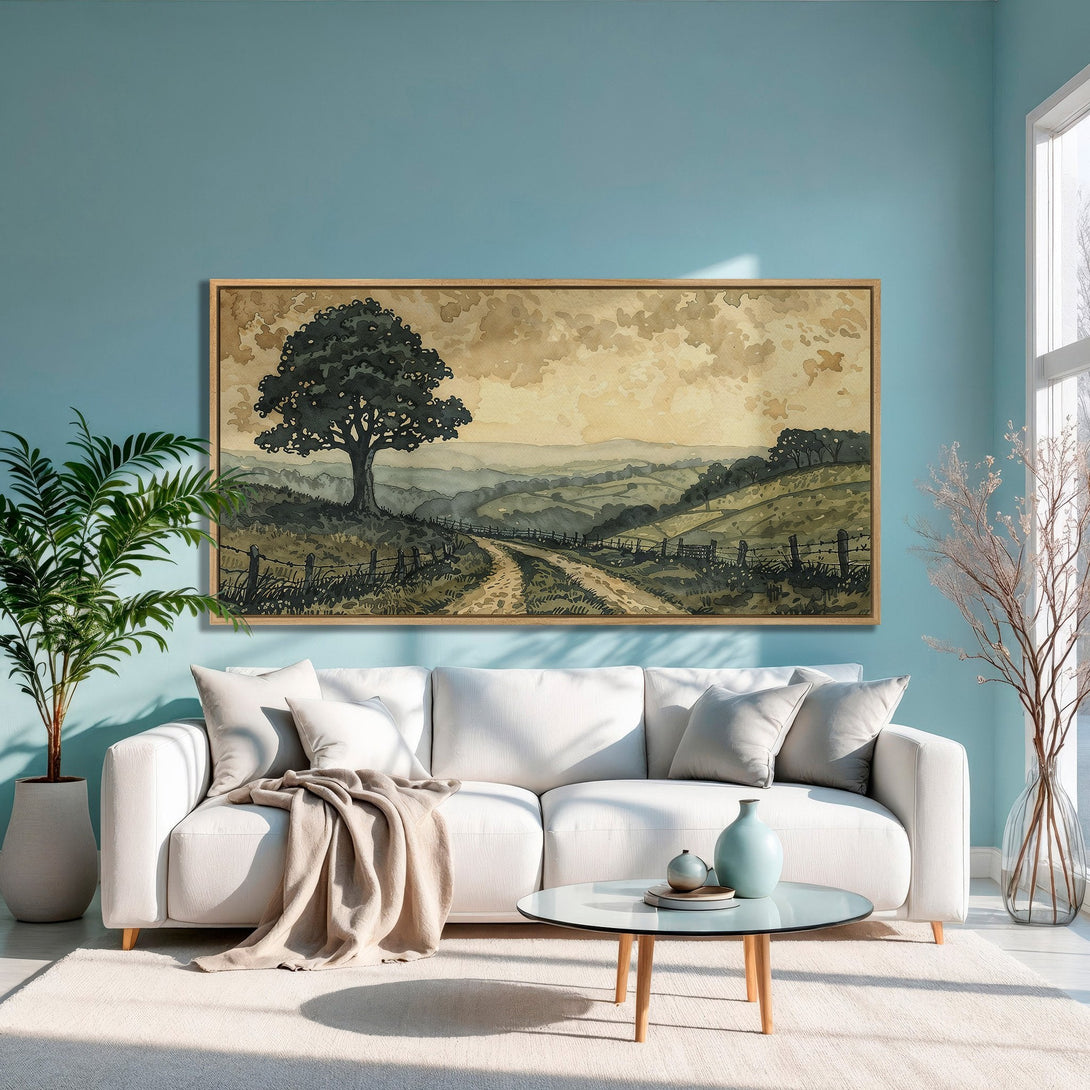 Framed Wall Art: Landscape Canvas Print in neutral tones. Watercolor style artwork of a tree & path, perfect for adding a touch of nature to your home.