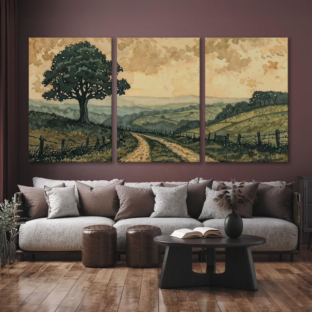 Canvas Print of a watercolor landscape with a tree, in a warm, earthy color palette. Perfect wall art for any home!