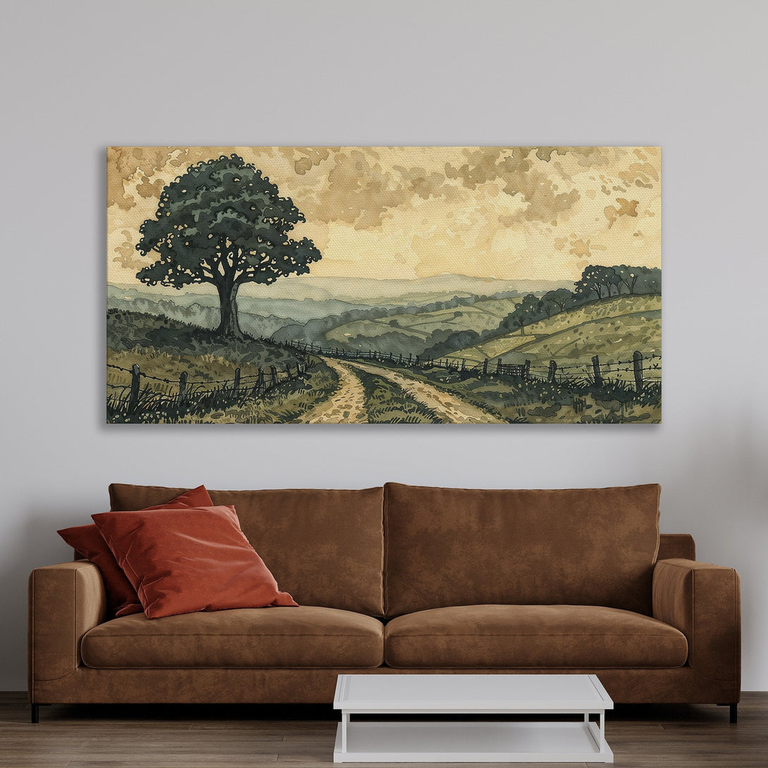 Framed Wall Art: Watercolor landscape print in muted greens and browns, perfect for adding a touch of nature to your home decor.