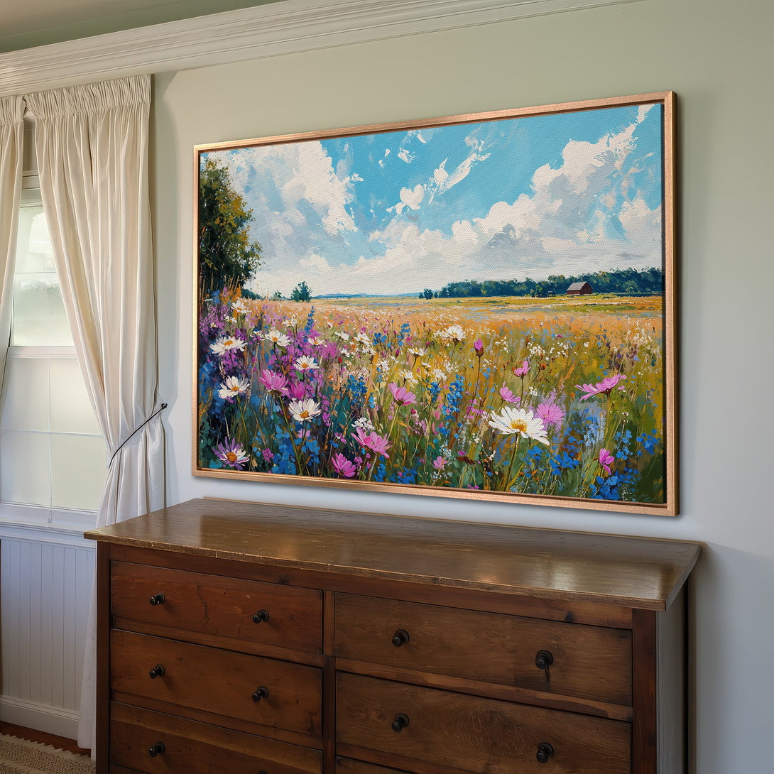 Framed Wall Art: Impressionist landscape Canvas Print with wildflowers, blue sky, and warm color palette. Perfect for living room or bedroom decor.