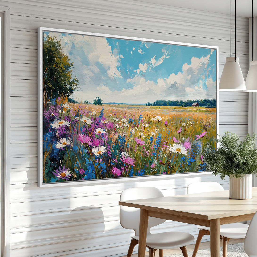 Framed Wall Art: Impressionistic field of wildflowers in vibrant blues, pinks, and yellows. Perfect for adding a touch of nature to your home decor.