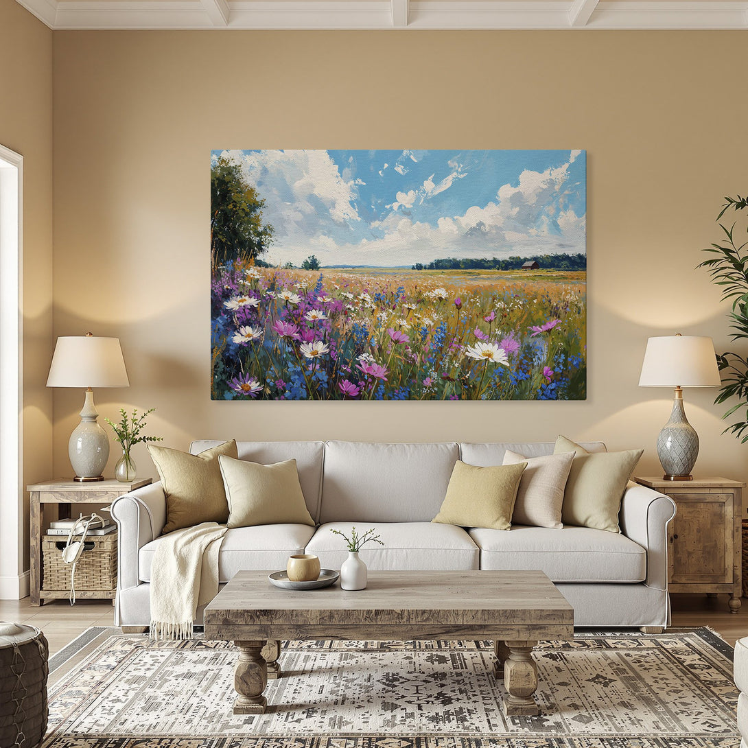 Framed Wall Art: Impressionist field of wildflowers with blue sky, vibrant colors. Perfect for adding a touch of nature and beauty to your home.