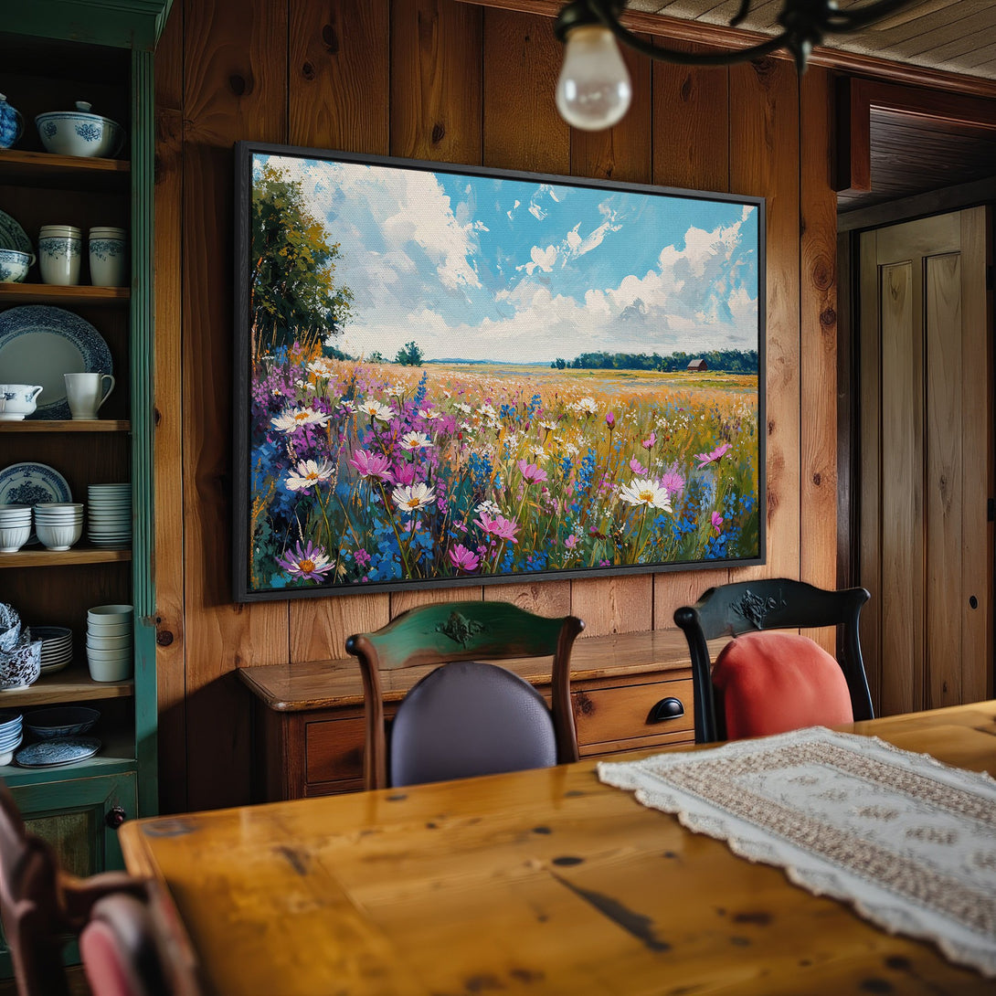 Framed Wall Art: Impressionist landscape painting with vibrant wildflowers, blue sky, and warm color palette. Perfect for rustic home decor.