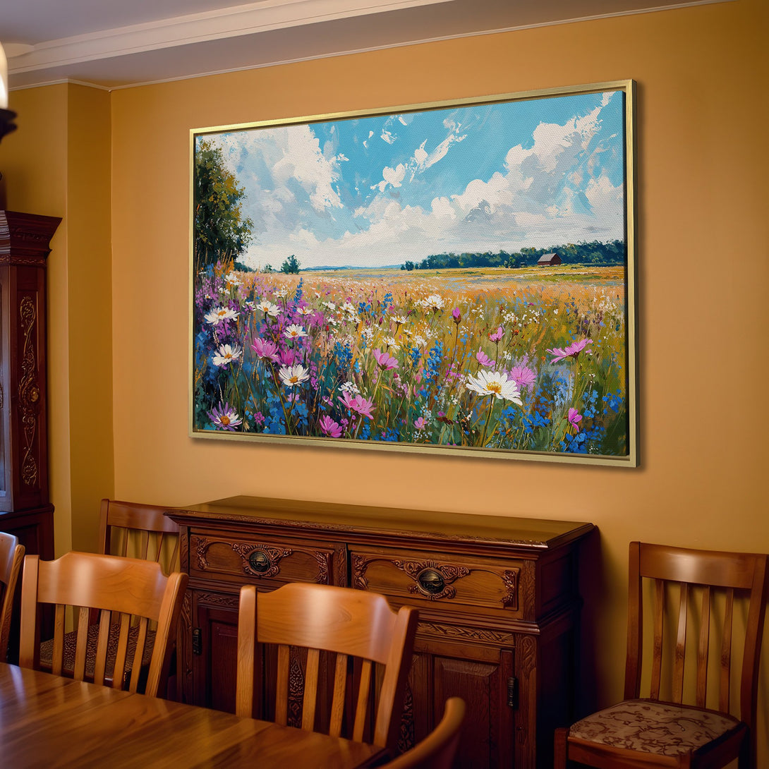 Canvas Print of a vibrant wildflower field painting, showcasing a blue sky and colorful blooms. Perfect for adding a touch of nature's beauty to your home.
