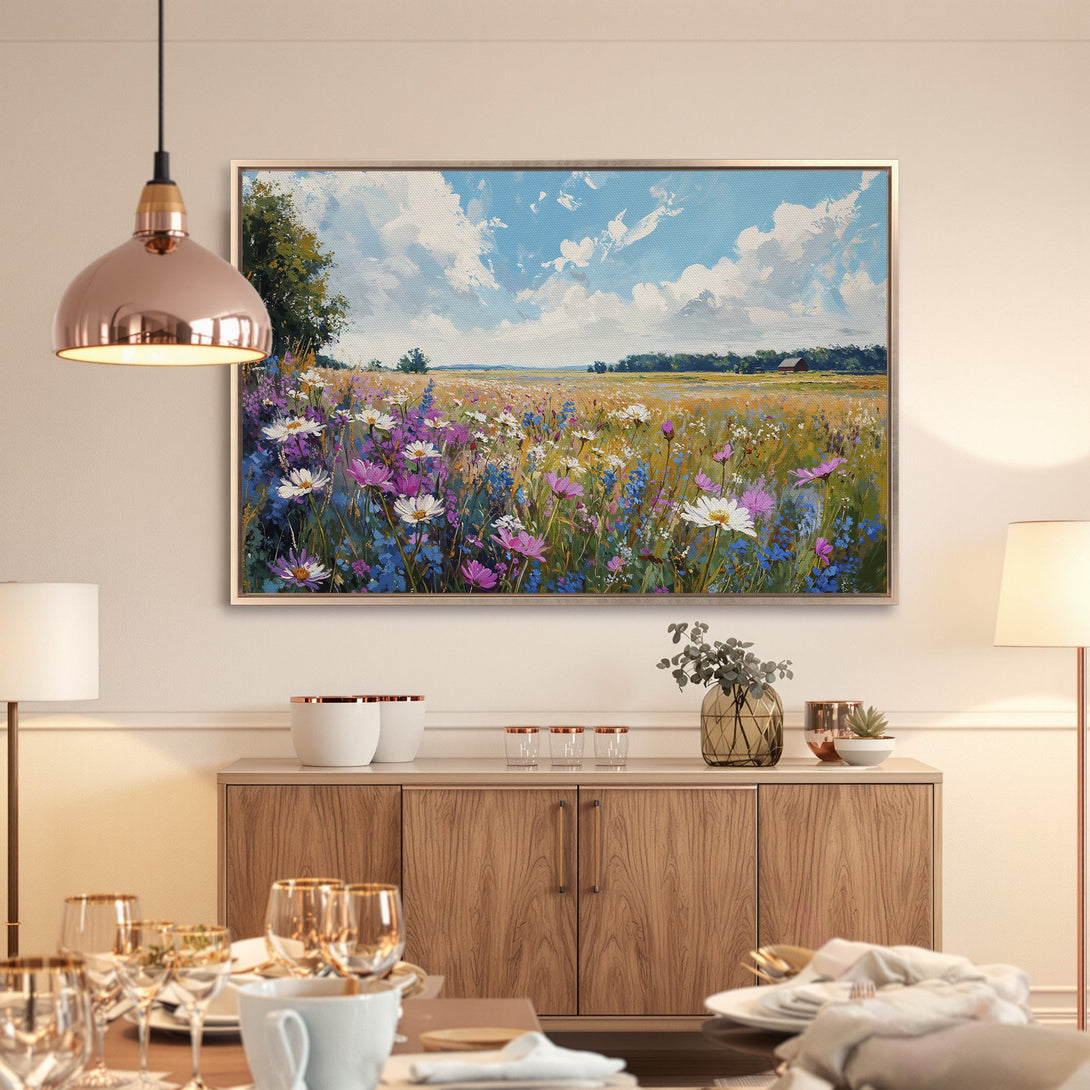 Framed Wall Art: Impressionist landscape Canvas Print with wildflowers, blue sky, and a warm, inviting color palette. Perfect for home decor.