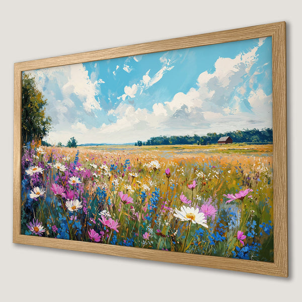 Framed Poster: Impressionist painting of wildflowers in a field. Blue, pink, and yellow color palette. Perfect wall art for your home!