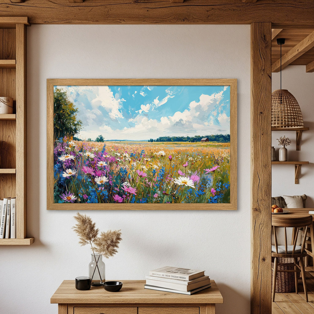 Framed Poster of a vibrant wildflower field painting. Impressionistic style with blue, pink, and yellow hues. Perfect wall art for your home.
