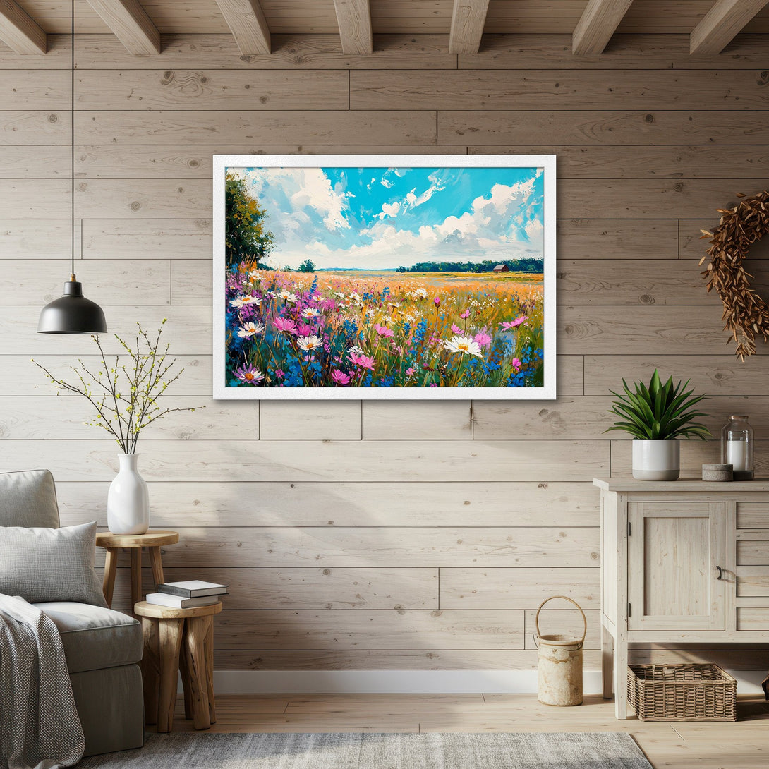 Framed Poster of a vibrant wildflower field painting. Impressionistic style, featuring a blue sky and a colorful palette. Perfect wall art!