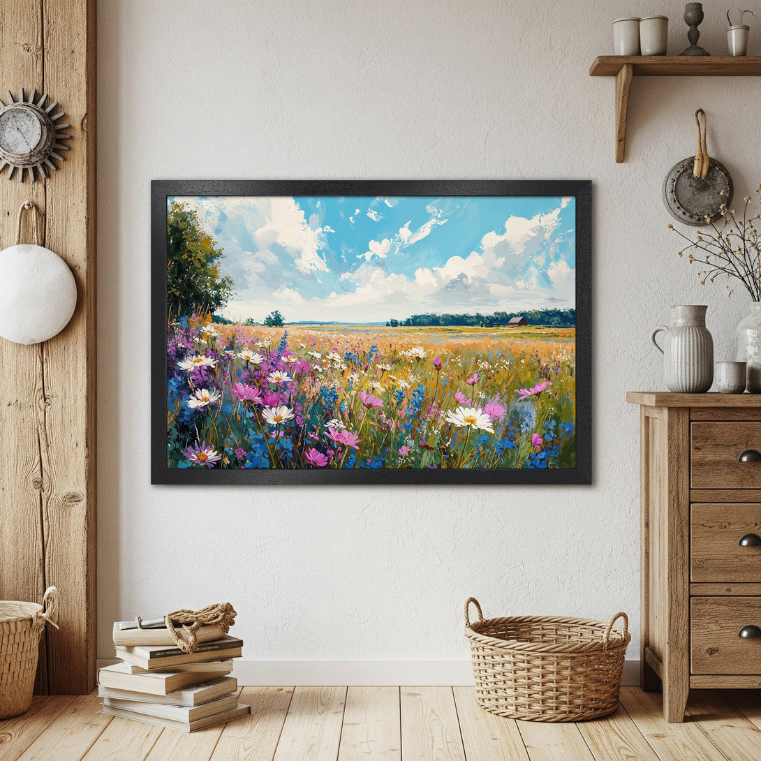 Framed Poster of a vibrant wildflower field, impressionist style, with a blue, yellow, and pink color palette.