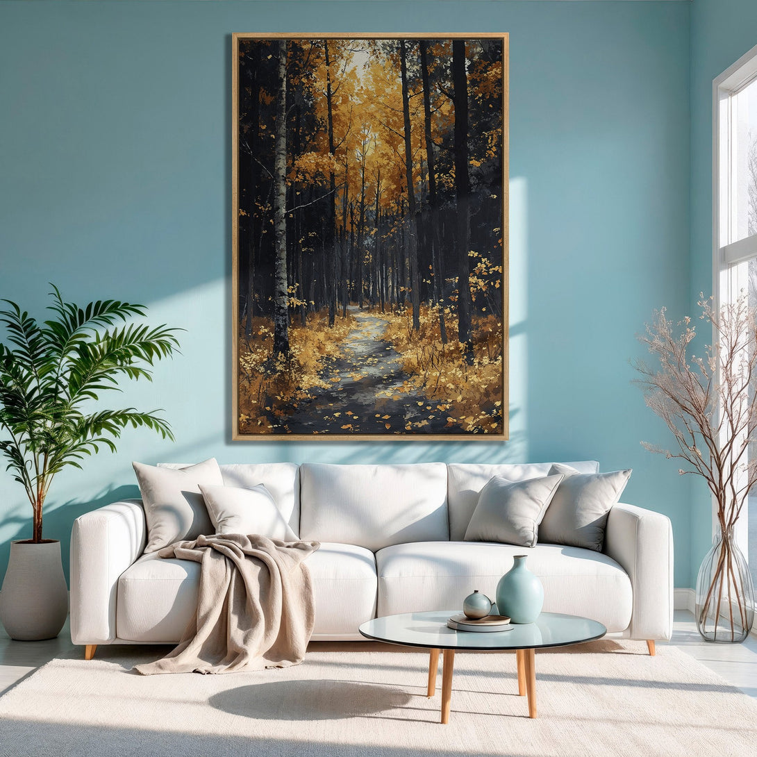 Framed Wall Art: Forest path painting with gold and black tones. Modern canvas print adds warmth to any living room. Shop now for art!