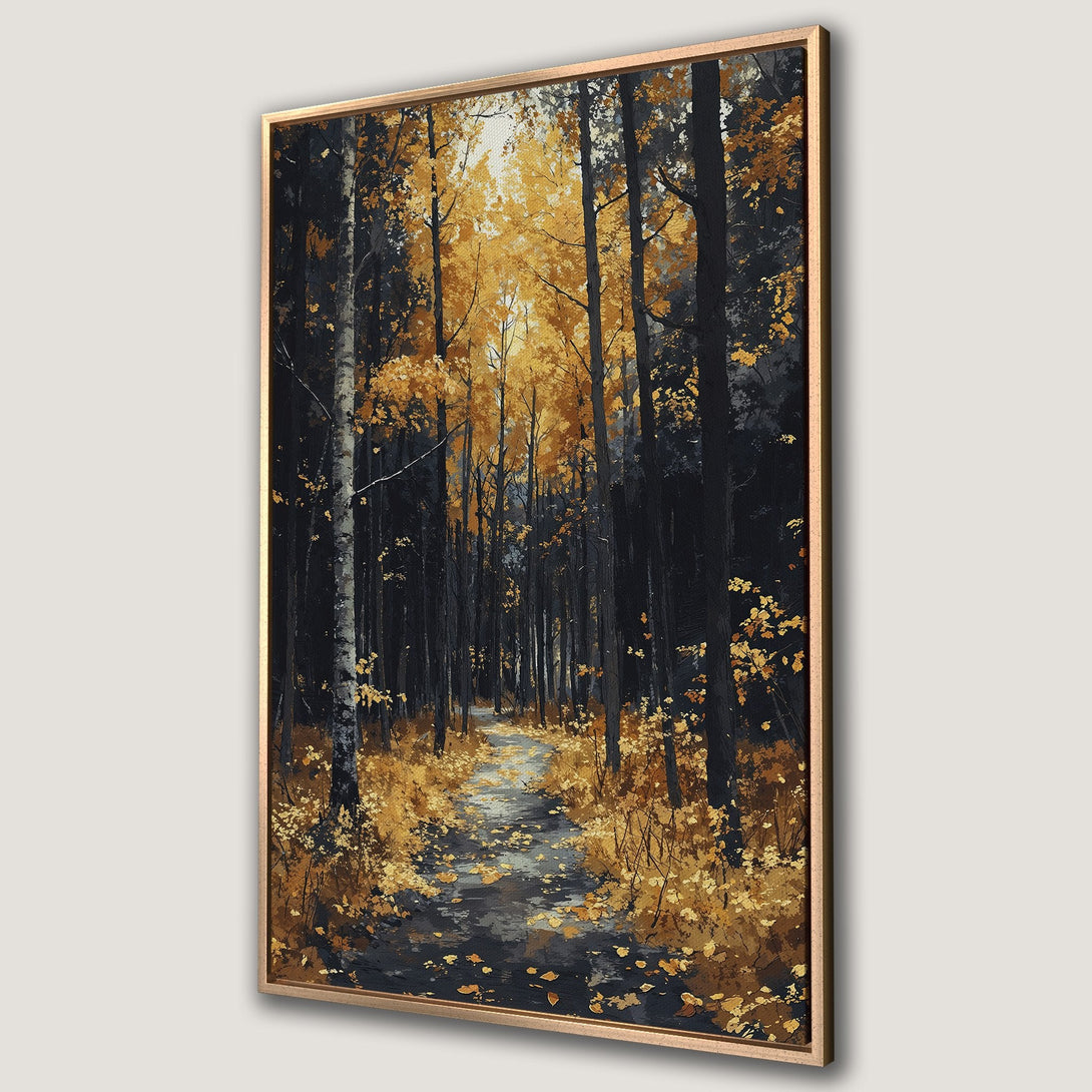 Framed Wall Art: Autumn forest scene in gold and black. Stylish canvas print adds warmth and nature to your decor. Perfect for living rooms and bedrooms.