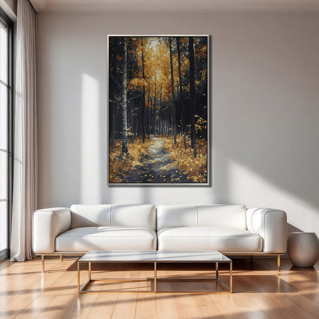Framed Wall Art: Autumn forest path canvas print. Warm gold and black color palette. Modern art for living room decor.
