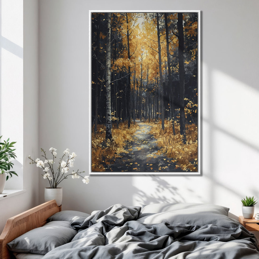 Framed Wall Art: Forest path canvas print with a moody, painterly style. Features a warm gold and black color palette, perfect for bedroom decor.