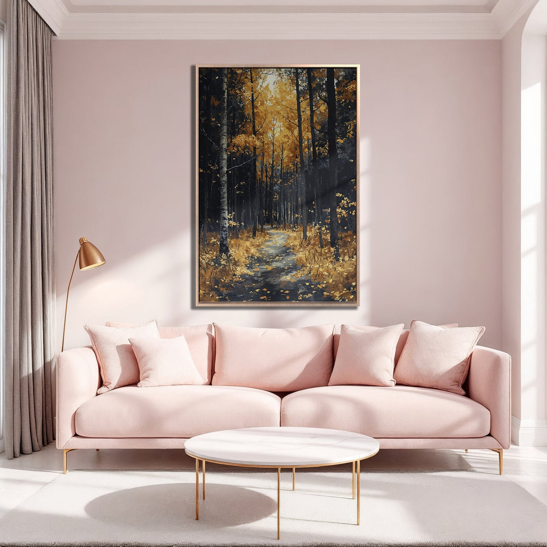 Framed Wall Art: Forest path canvas print with a warm, golden and black color palette. Perfect for adding a touch of nature to your living room.