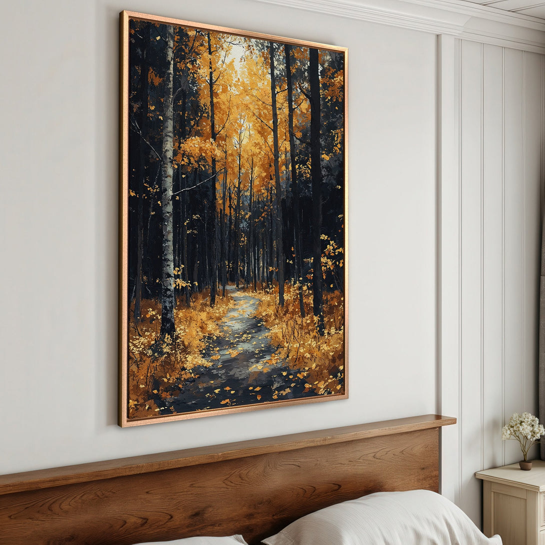 Framed Wall Art: Forest scene canvas print with a path. Warm gold and black color palette. Perfect for adding a touch of nature to your home decor.