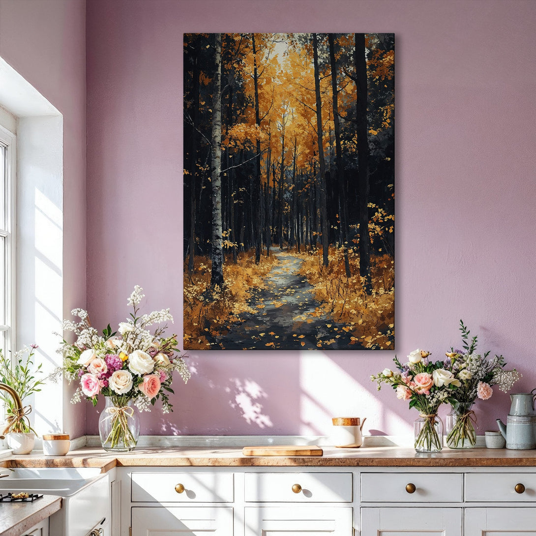 Framed Wall Art: Stunning forest scene Canvas Print in gold and black, perfect for adding a touch of nature-inspired elegance to your home decor.