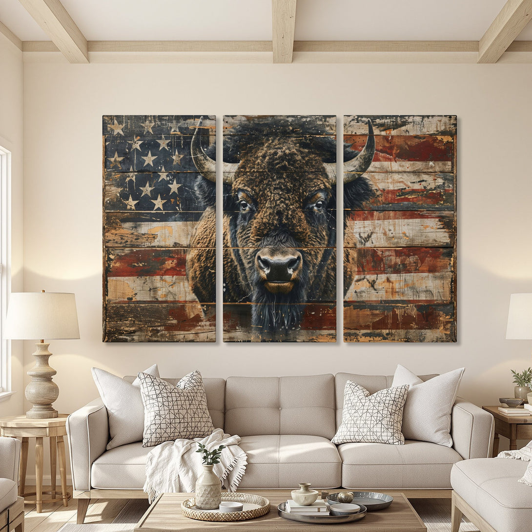 Canvas Print of a majestic bison against a distressed American flag. Rustic, patriotic wall art with warm, earthy tones. Perfect for any home!