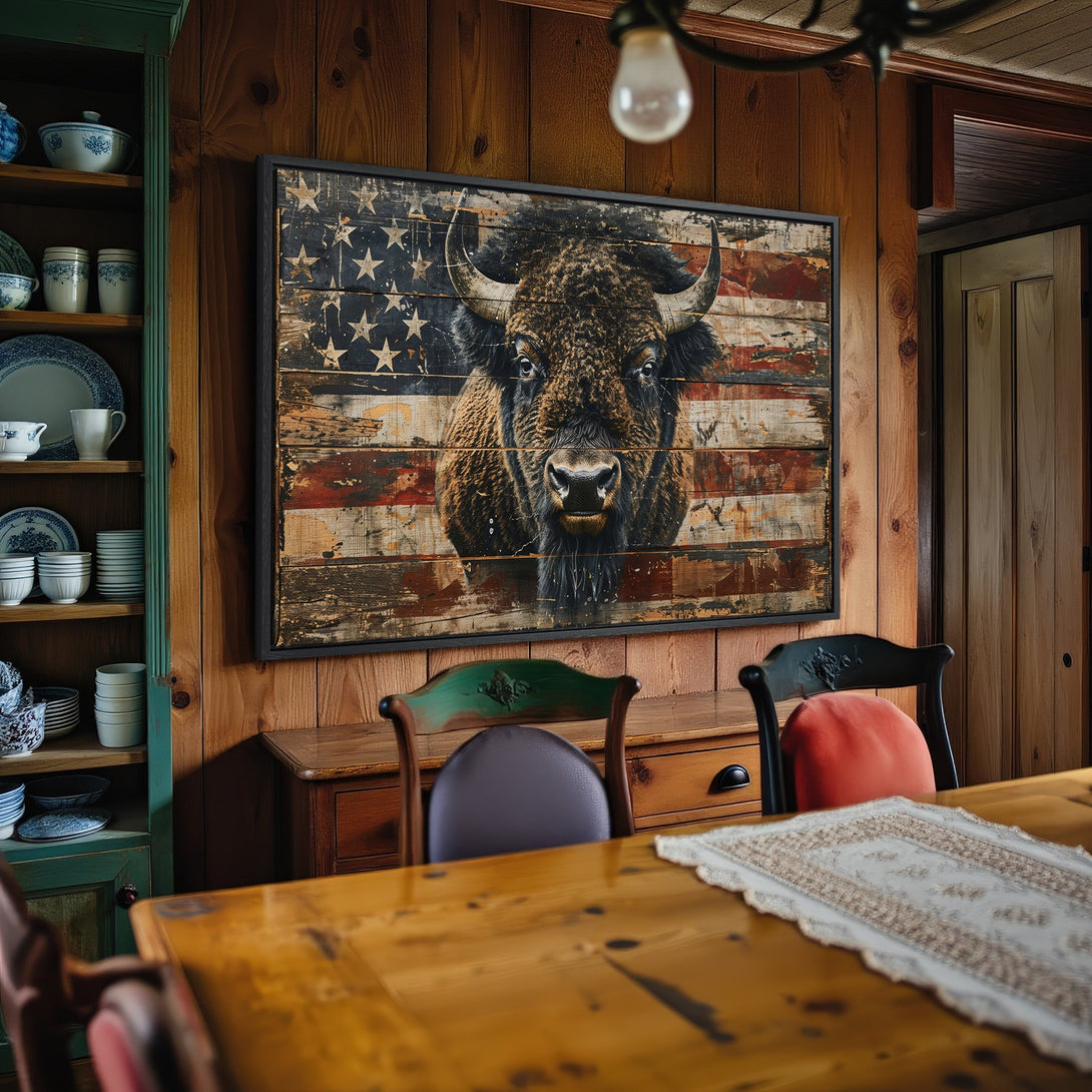 Framed Wall Art: Rustic bison canvas print with American flag background. Earthy tones and vintage style. Perfect for farmhouse decor.