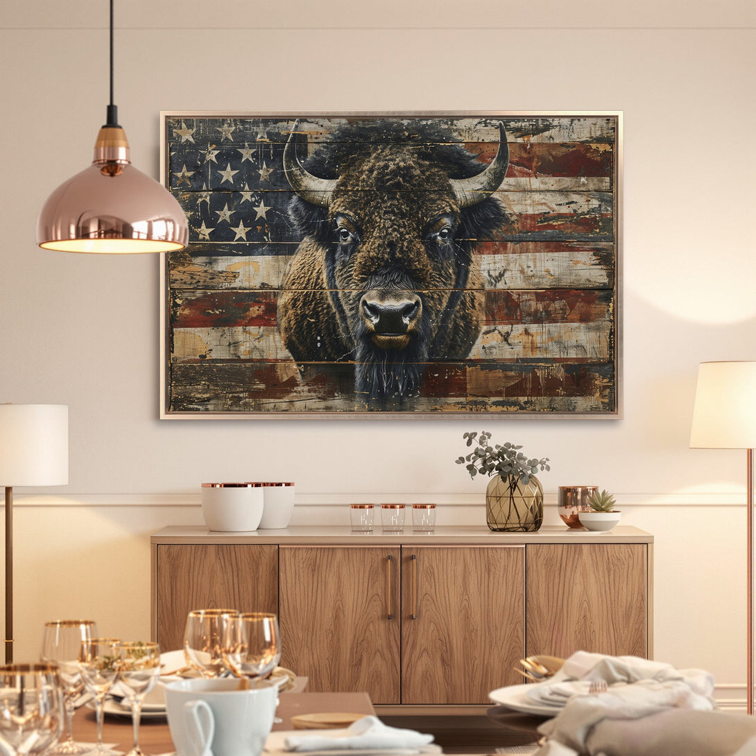 Framed Wall Art: Rustic bison portrait with American flag background. Earthy tones and distressed style create a unique statement piece.