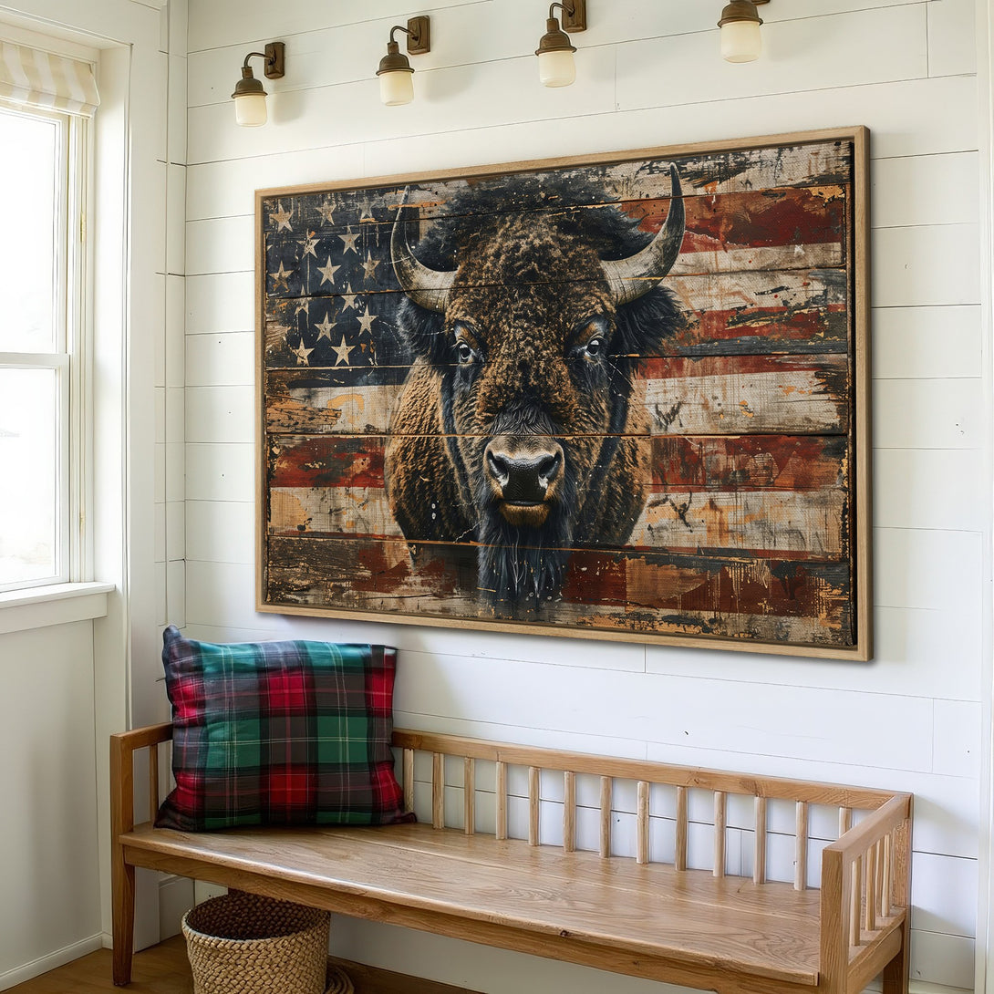 Framed Wall Art: Rustic bison canvas print with American flag design. Earthy tones and distressed style, perfect for farmhouse decor.