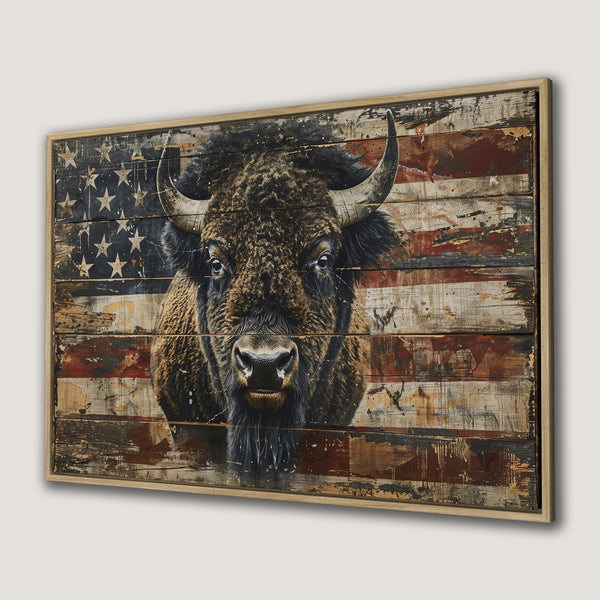 Framed Wall Art: Rustic bison portrait with American flag background. Earthy tones of brown, red, and black. Add a touch of Americana to your home!