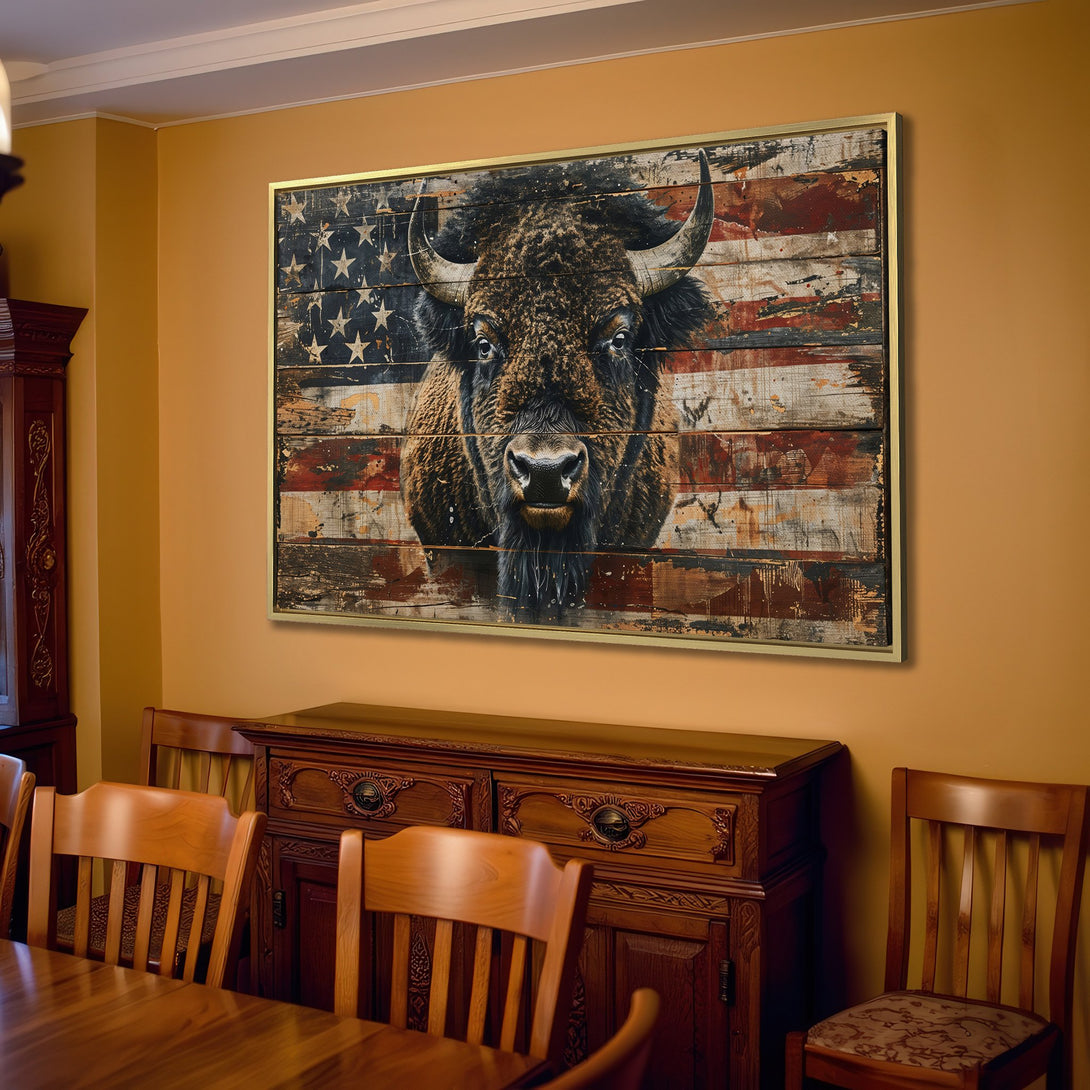 Canvas Print of a majestic bison against an American flag, rustic style, warm neutral tones. Perfect for farmhouse decor.